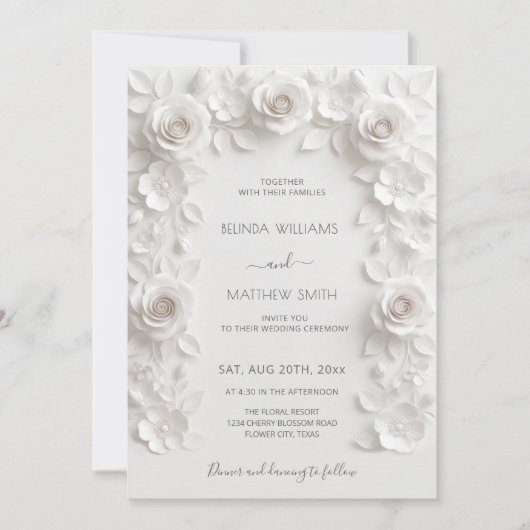 Witte 3D Rozen Frame Trouw Simpel Kaart (Voorkant)