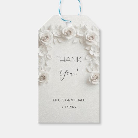 Witte 3D rozen huwelijksbedankje Cadeaulabel (Voorkant)
