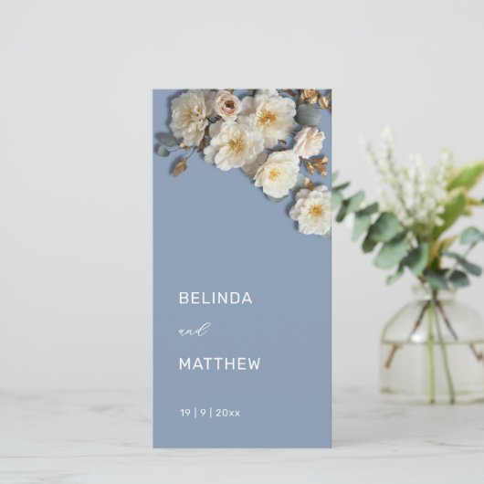 Witte 3D Rozen Stofblauw | Trouwprogramma (Staand voorkant)