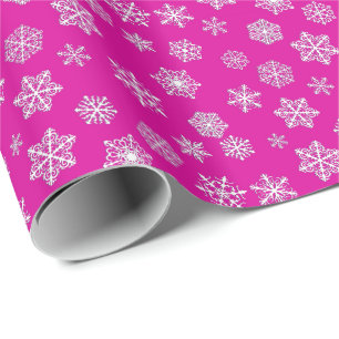 Witte 3D-sneeuwvlokken op een fuchsia roze achterg Cadeaupapier