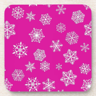 Witte 3D-sneeuwvlokken op een fuchsia roze achterg Drankjes Onderzetter