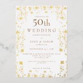Witte 50e bruiloft Jubileum Gouden Bloemen Folie Uitnodiging (Voorkant)