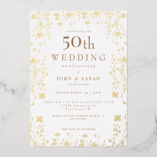 Witte 50e bruiloft Jubileum Gouden Bloemen Folie Uitnodiging (Voorkant)