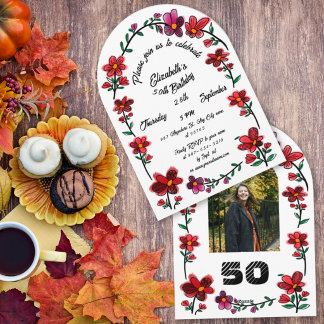 Witte 50e verpartijfeest Whimsical Doodle Bloemen Kaart