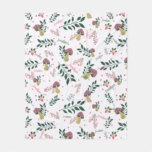 Witte Aangepaste Baby Naam en Paddenstoelen Bos Fleece Deken (Voorkant)