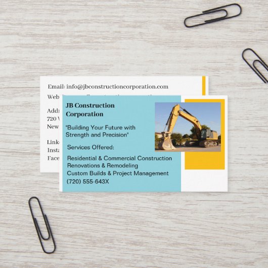 Witte Aannemer Gele Bouw Bulldozer Visitekaartje (Voorkant / Achterkant in situ)