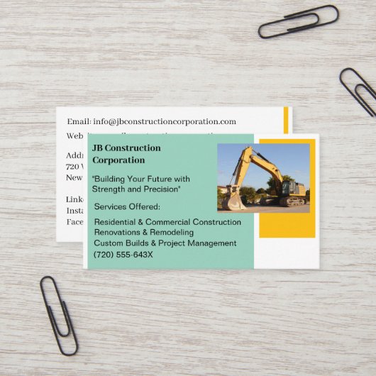 Witte Aannemer Gele Bouw Bulldozer Visitekaartje (Voorkant / Achterkant in situ)