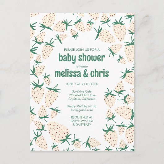 Witte Aardbei Schattige Pineberry CUSTOM BABY SHOW Uitnodiging Briefkaart (Voorkant)