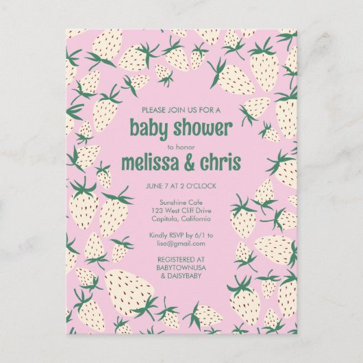 Witte Aardbei Schattige Pineberry CUSTOM BABY SHOW Uitnodiging Briefkaart (Voorkant)