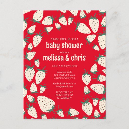 Witte Aardbei Schattige Pineberry CUSTOM BABY SHOW Uitnodiging Briefkaart (Voorkant)