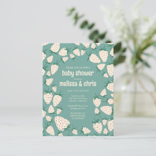 Witte Aardbei Schattige Pineberry CUSTOM BABY SHOW Uitnodiging Briefkaart (Staand voorkant)