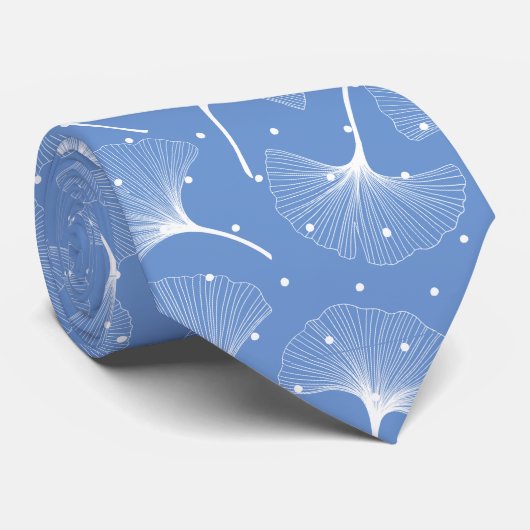 Witte abstracte bladeren op blauwe achtergrond stropdas (Opgerold)