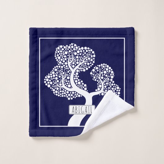 Witte abstracte cirkelboom en grens marineblauw bad handdoek (Wasdoekje)