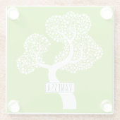 Witte abstracte cirkelboom en naam, kalkgroen glazen onderzetter (Achterkant)