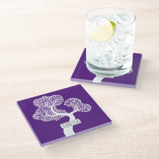 Witte abstracte cirkelboom en naam, koninklijk paa glazen onderzetter (Schuin)