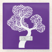 Witte abstracte cirkelboom en naam, koninklijk paa glazen onderzetter (Voorkant)