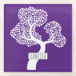 Witte abstracte cirkelboom en naam, koninklijk paa glazen onderzetter