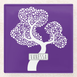 Witte abstracte cirkelboom en naam, koninklijk paa glazen onderzetter