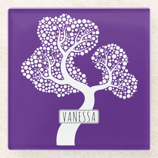 Witte abstracte cirkelboom en naam, koninklijk paa glazen onderzetter (Voorkant)