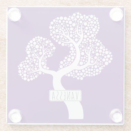 Witte abstracte cirkelboom en naam, koninklijk paa glazen onderzetter (Achterkant)