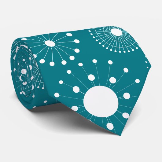 Witte Abstracte cirkels patroon op Turquoise Stropdas (Opgerold)