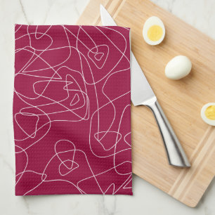 Witte abstracte doodles op donkerrode achtergrond theedoek