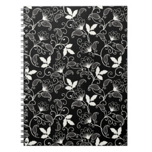Witte Abstracte Floral op zwarte achtergrond Notitieboek