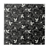 Witte Abstracte Floral op zwarte achtergrond Tegeltje (Voorkant)