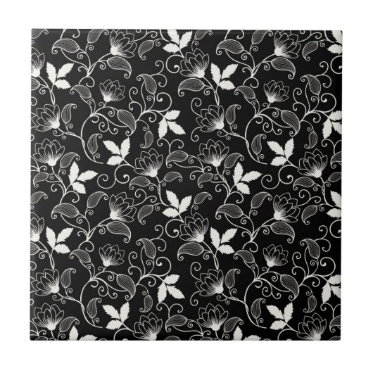 Witte Abstracte Floral op zwarte achtergrond Tegeltje (Voorkant)