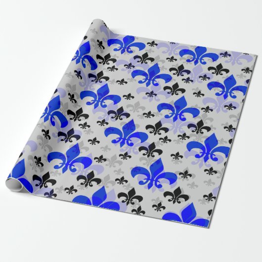 Witte Achtergrond Blauw Zwart Fleur De Lis Cadeaupapier (Uitgerold)