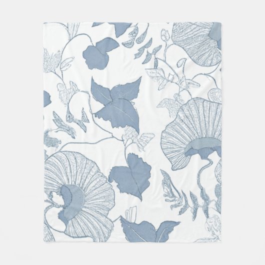 Witte achtergrond Delicate Blauwe Japanse Bloemen Fleece Deken (Voorkant)