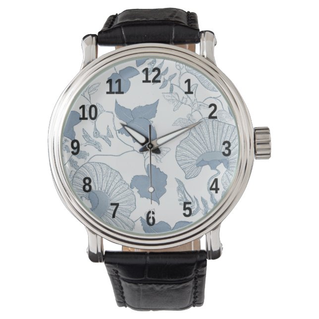 Witte achtergrond Delicate Blauwe Japanse Bloemen Horloge (Voorkant)