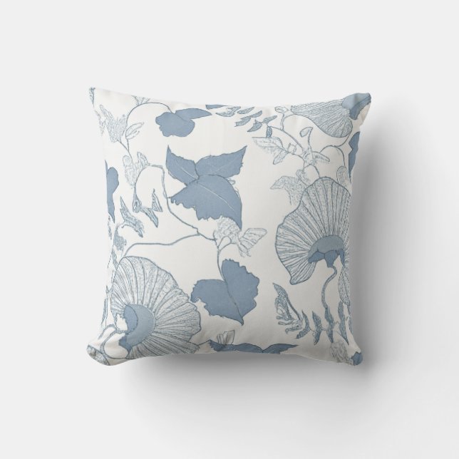 Witte achtergrond Delicate Blauwe Japanse Bloemen Kussen (Voorkant)