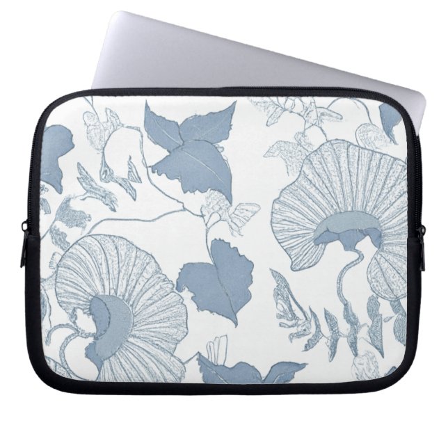 Witte achtergrond Delicate Blauwe Japanse Bloemen Laptop Sleeve (Voorkant)