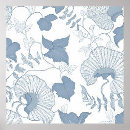 Witte achtergrond Delicate Blauwe Japanse Bloemen Poster