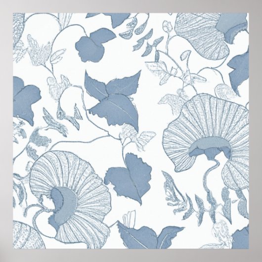 Witte achtergrond Delicate Blauwe Japanse Bloemen Poster (Voorkant)