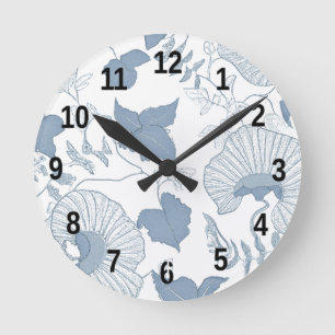 Witte achtergrond Delicate Blauwe Japanse Bloemen Ronde Klok