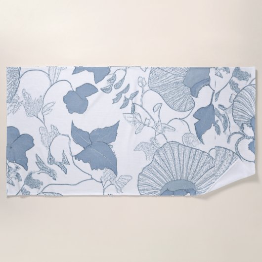 Witte achtergrond Delicate Blauwe Japanse Bloemen Strandlaken (Voorkant)