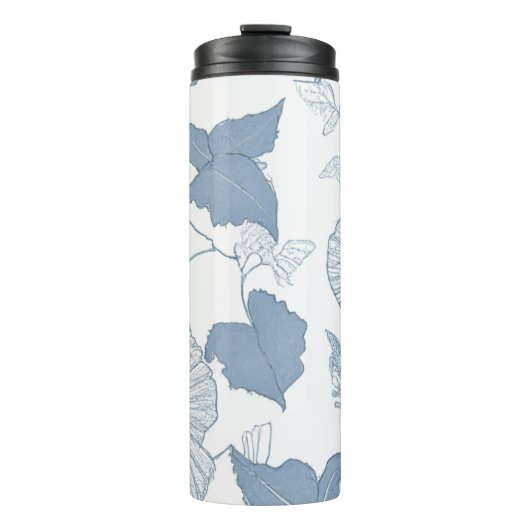 Witte achtergrond Delicate Blauwe Japanse Bloemen Thermosbeker (Voorkant)