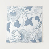 Witte achtergrond Delicate Blauwe Japanse Bloemen Wandkleed (Voorkant (horizontaal))