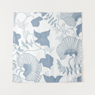 Witte achtergrond Delicate Blauwe Japanse Bloemen Wandkleed