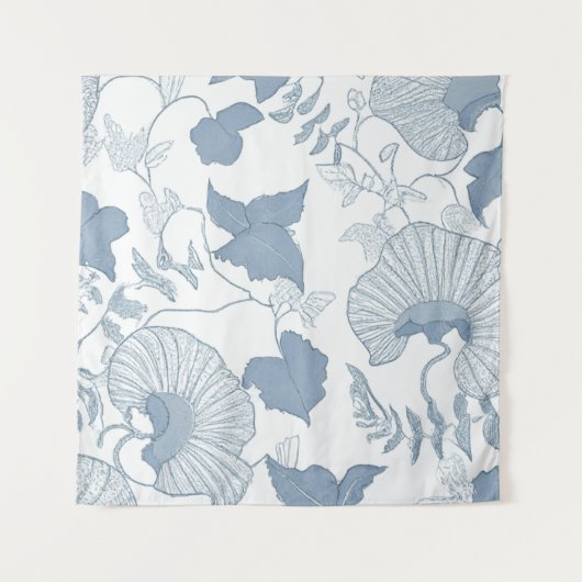 Witte achtergrond Delicate Blauwe Japanse Bloemen Wandkleed (Voorkant)