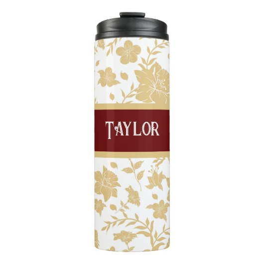 Witte achtergrond Gouden Bloemen Thermische Tumble Thermosbeker (Voorkant)