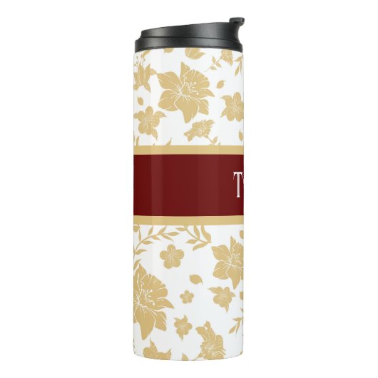 Witte achtergrond Gouden Bloemen Thermische Tumble Thermosbeker (Gedraaid links)