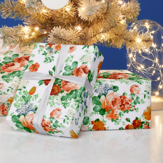 Witte achtergrond kleurrijke bloemen cadeaupapier (Feestdagen)