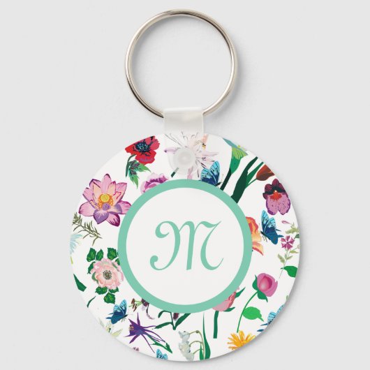 Witte achtergrond kleurrijke gesorteerde bloemen sleutelhanger (Voorkant)