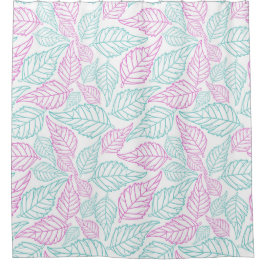 Witte achtergrond met Paarse en groene bladeren Douchegordijn