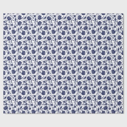Witte achtergrond van Elegant Blue Floral Damasval Cadeaupapier (Vlak)
