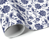 Witte achtergrond van Elegant Blue Floral Damasval Cadeaupapier (Rol Hoek)