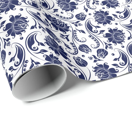 Witte achtergrond van Elegant Blue Floral Damasval Cadeaupapier (Rol Hoek)